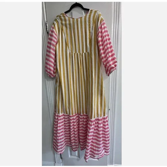 SUNSHINE TIENDA MUSTARD & PINK STRIPED COPA W/ POCKETS DRESS M/L *SMALL FLAW - Picture 9 of 14